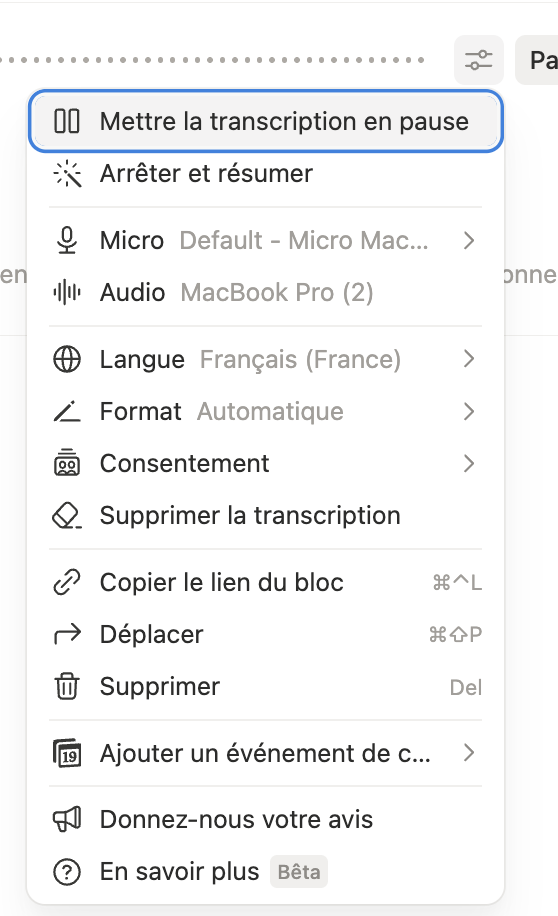 Réglage de la langue dans les options d’une note de réunion Notion.