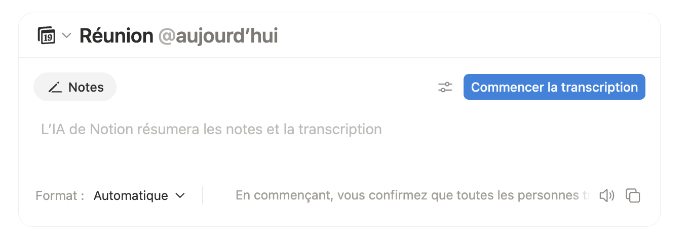 Bouton Commencer la transcription dans Notion.