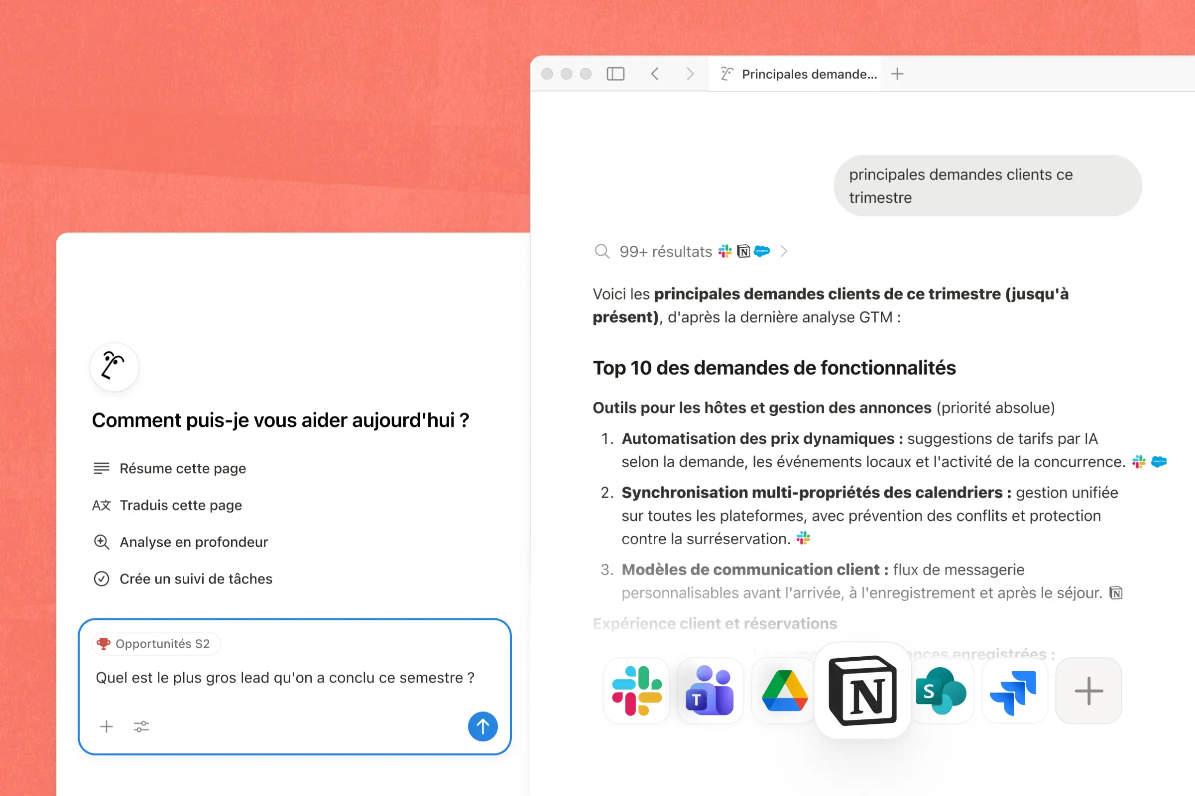 Recherche assistée par IA dans Notion et plusieurs applications connectées.