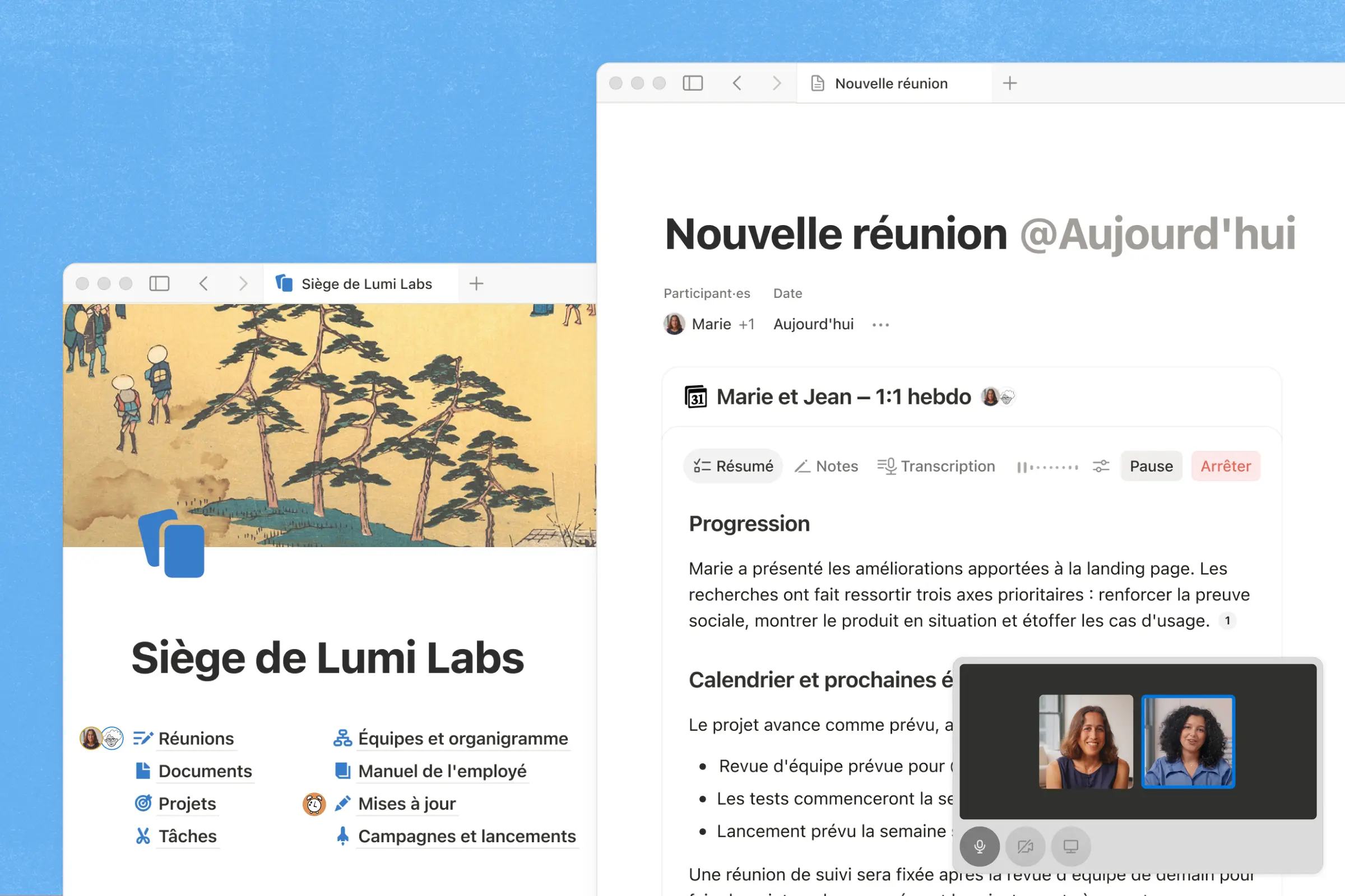 Exemples de pages Notion reliées à une réunion et à un espace d’entreprise.