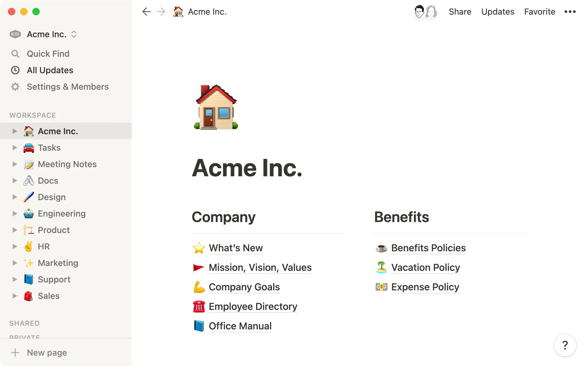 Exemple d’espace de travail Notion organisé autour d’une entreprise.