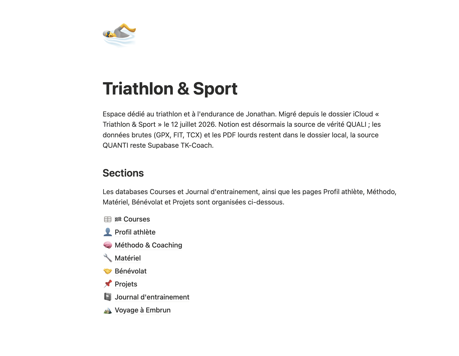 Espace personnel Triathlon et Sport organisé dans Notion.