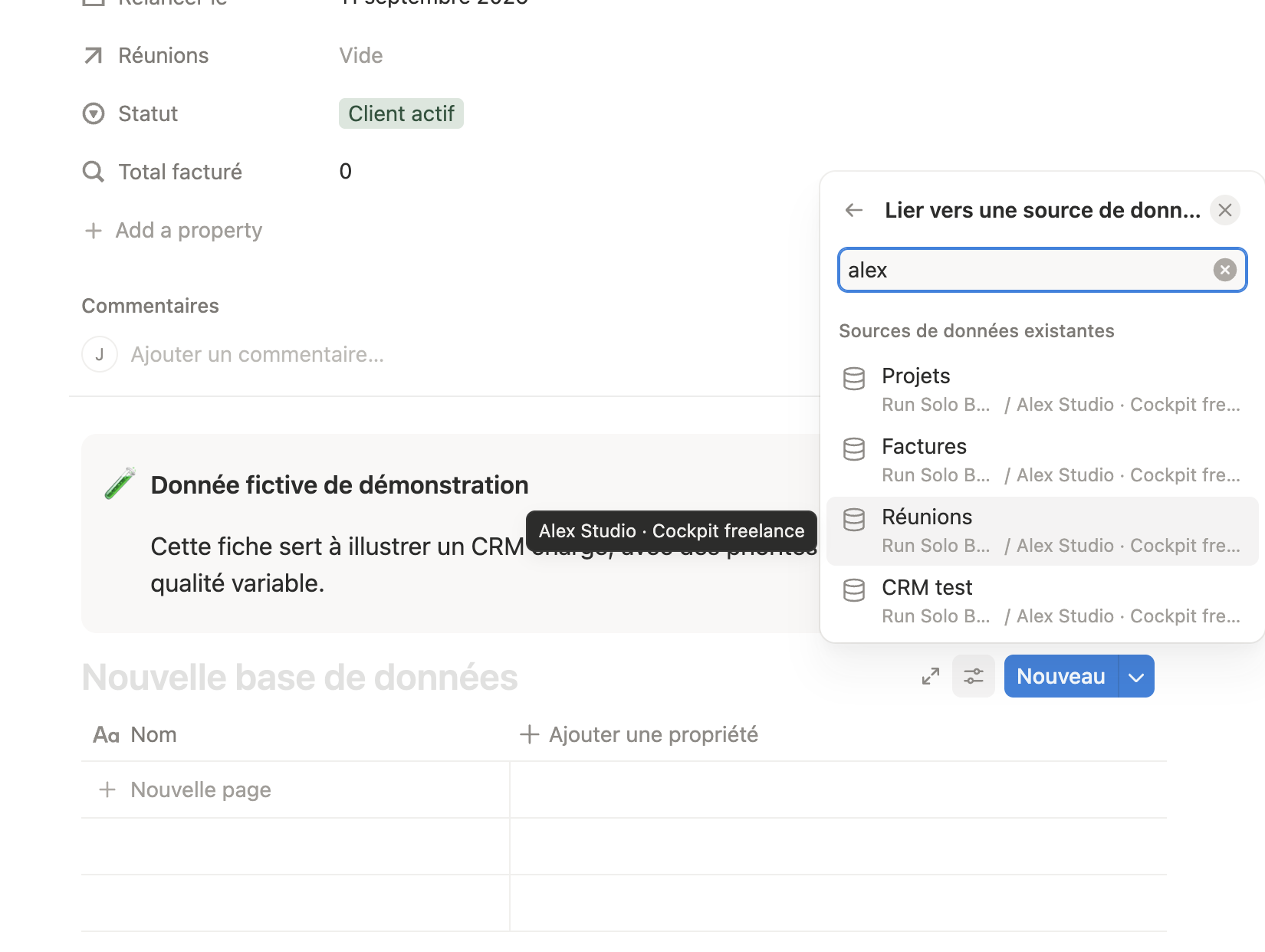 Fenêtre Notion permettant de sélectionner la base Réunions comme source de la vue liée.