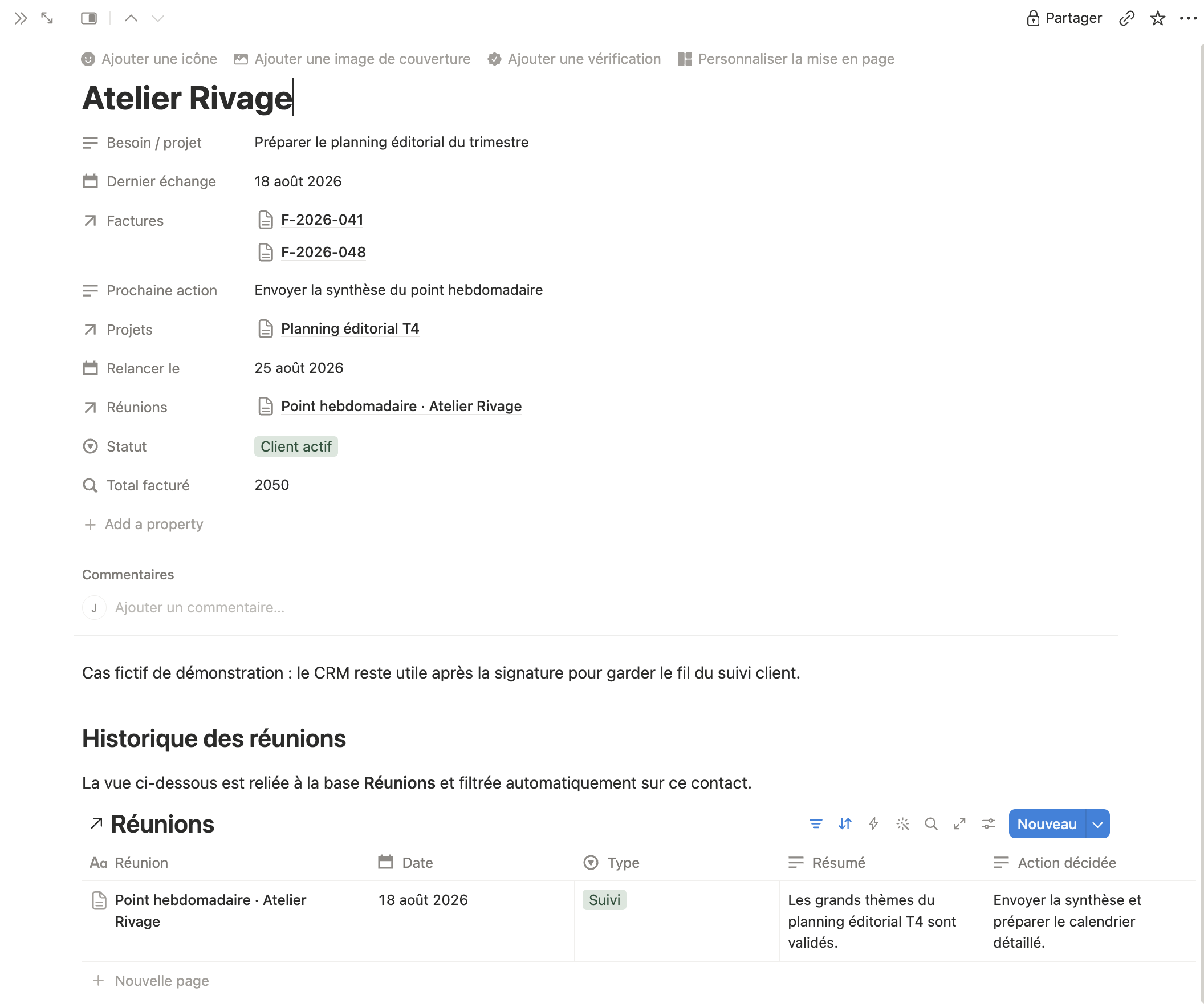 Fiche CRM Notion d’Atelier Rivage avec deux factures, un projet, une réunion et le total facturé.